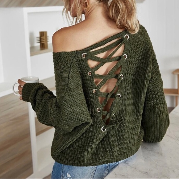 ARMY GREEN BACKLESS LACE-UP KNITTED SWEATER - Picture 2 of 7